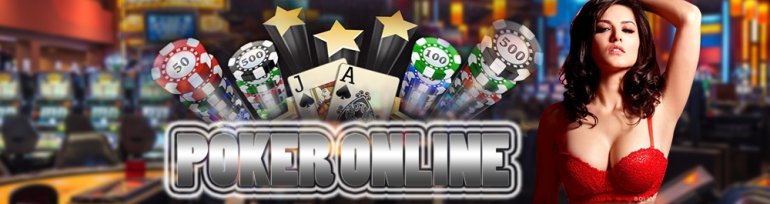 Надпись "Poker online" и сексуальная девушка с большой грудью в зале казино